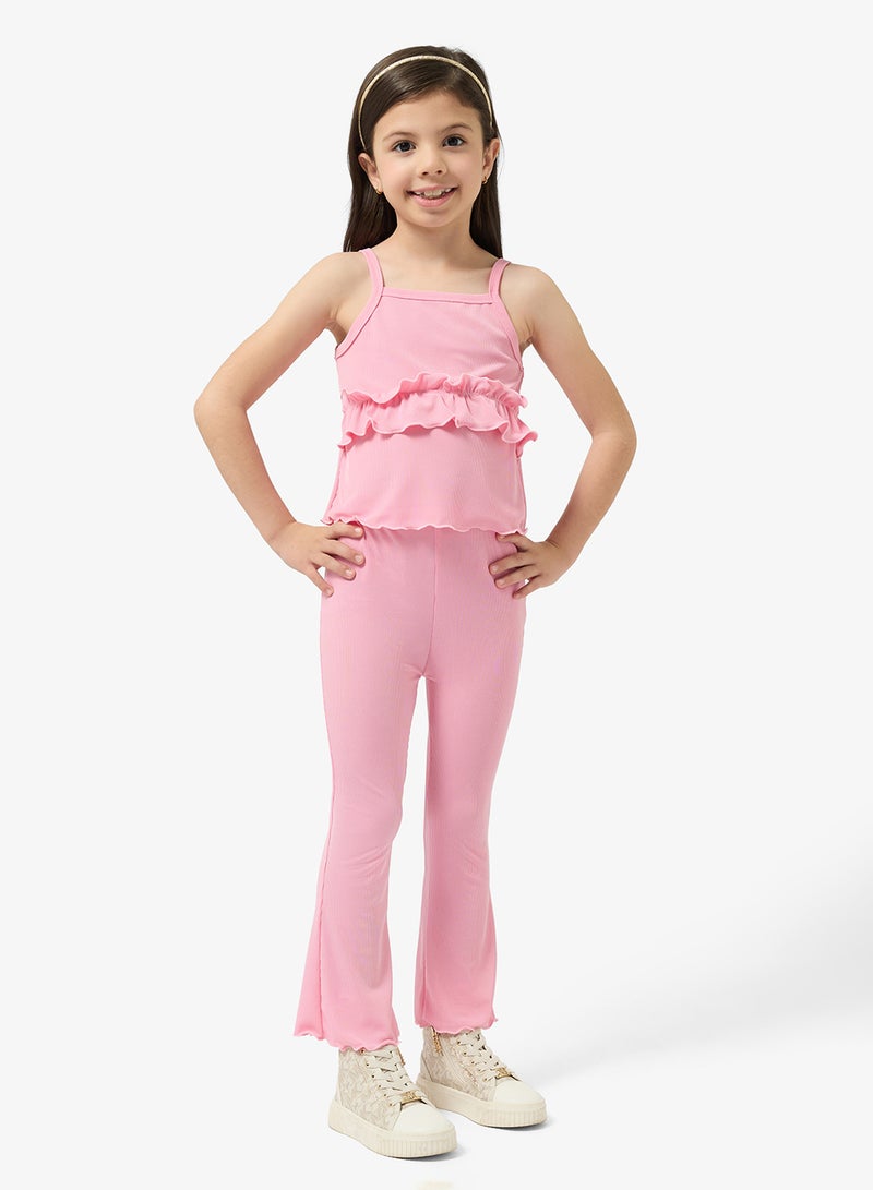Pinata Pink Frill Strappy Top and Flare Leggings Set - Image 1